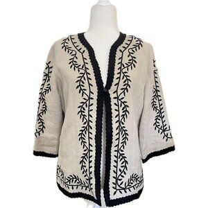 Linea by Louis Dell’Olio Linen Embroidered Cardigan Jacket M Tan Black Vintage 9